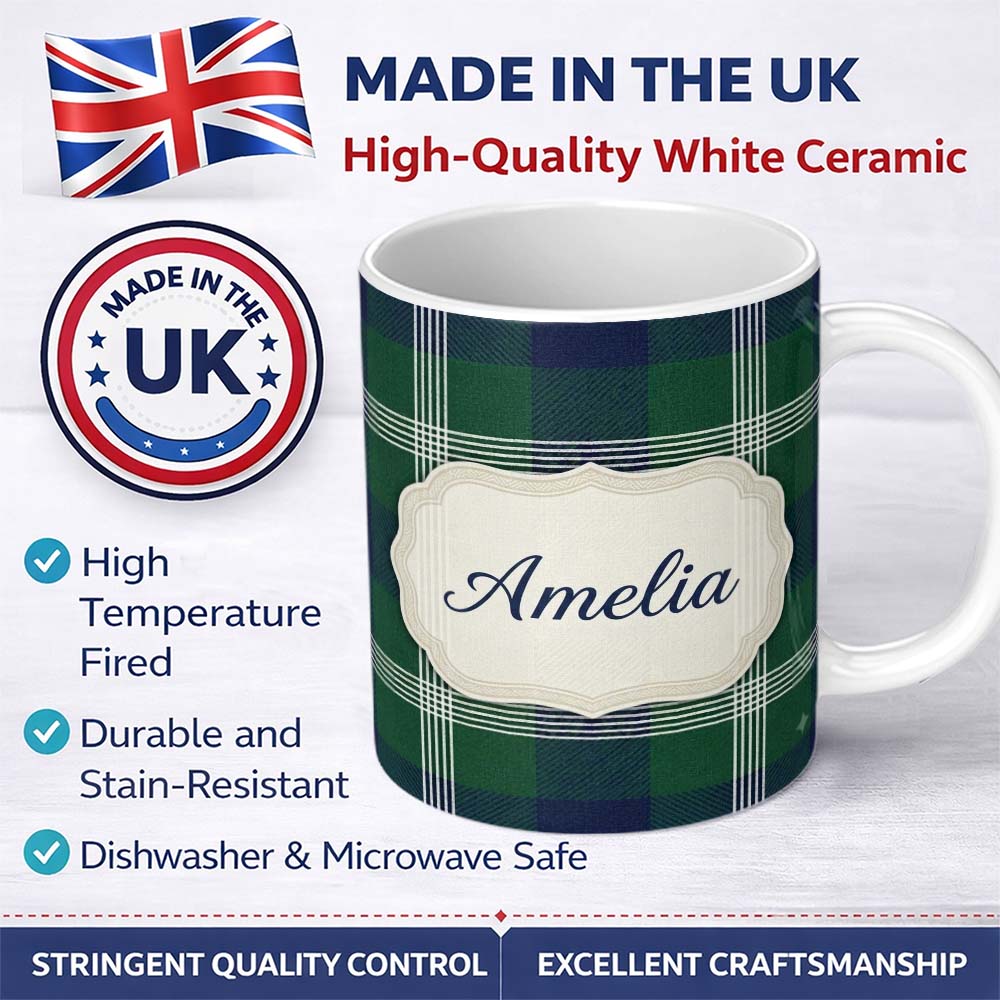 Personalized Custom Name Green Blue Modern Tartan Plaid Texture Seamless Pattern Name Cute 11oz Ceramic Coffee Tea Mug White Large Handle
