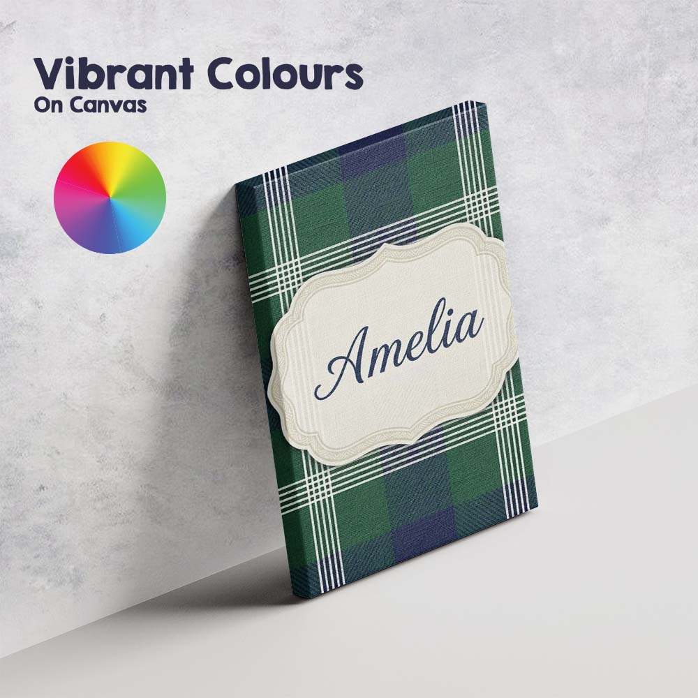 Personalised Name Green Blue Modern Tartan Custom Unique Gift Idea Elegant Feature Canvas Wall Art Print Decor Picture Ready to Hang