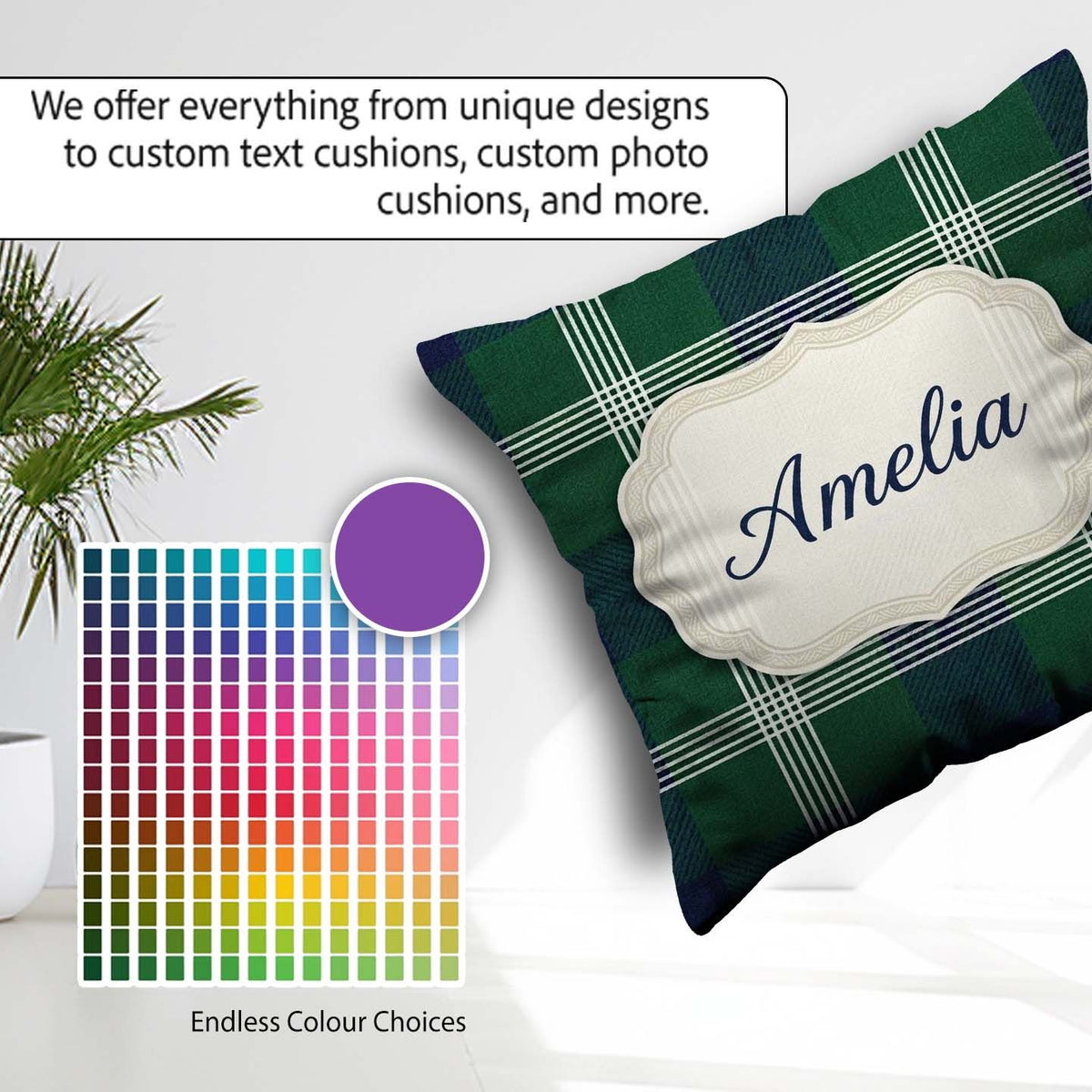 Custom Name Green Blue Modern Tartan Plaid Texture Seamless Name Square Filled Cushion Throw Pillow Sofa Bed Home Decor Zip Washable UK Made