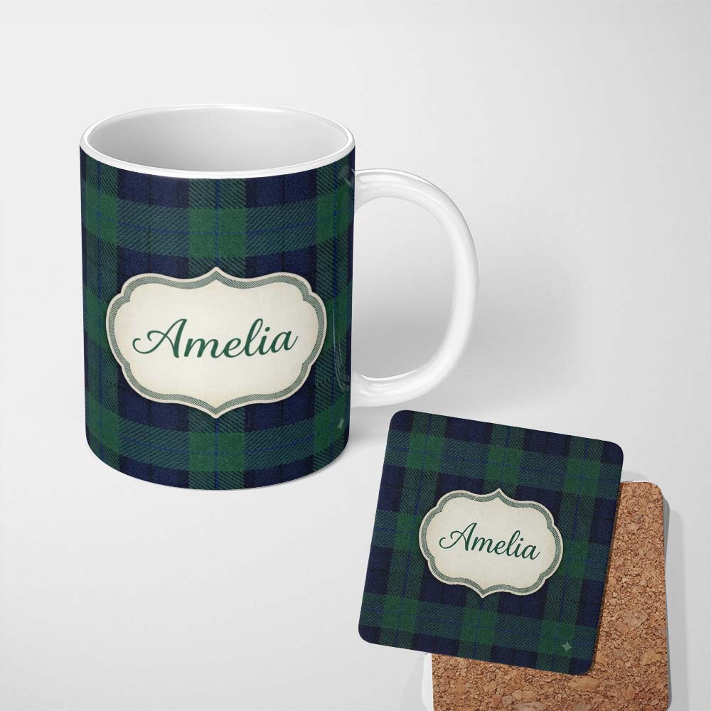Personalized Custom Name Deep Green Navy Classic Tartan Plaid Texture Seamless Pattern Name 11oz Ceramic Coffee Tea Mug White Large Handle