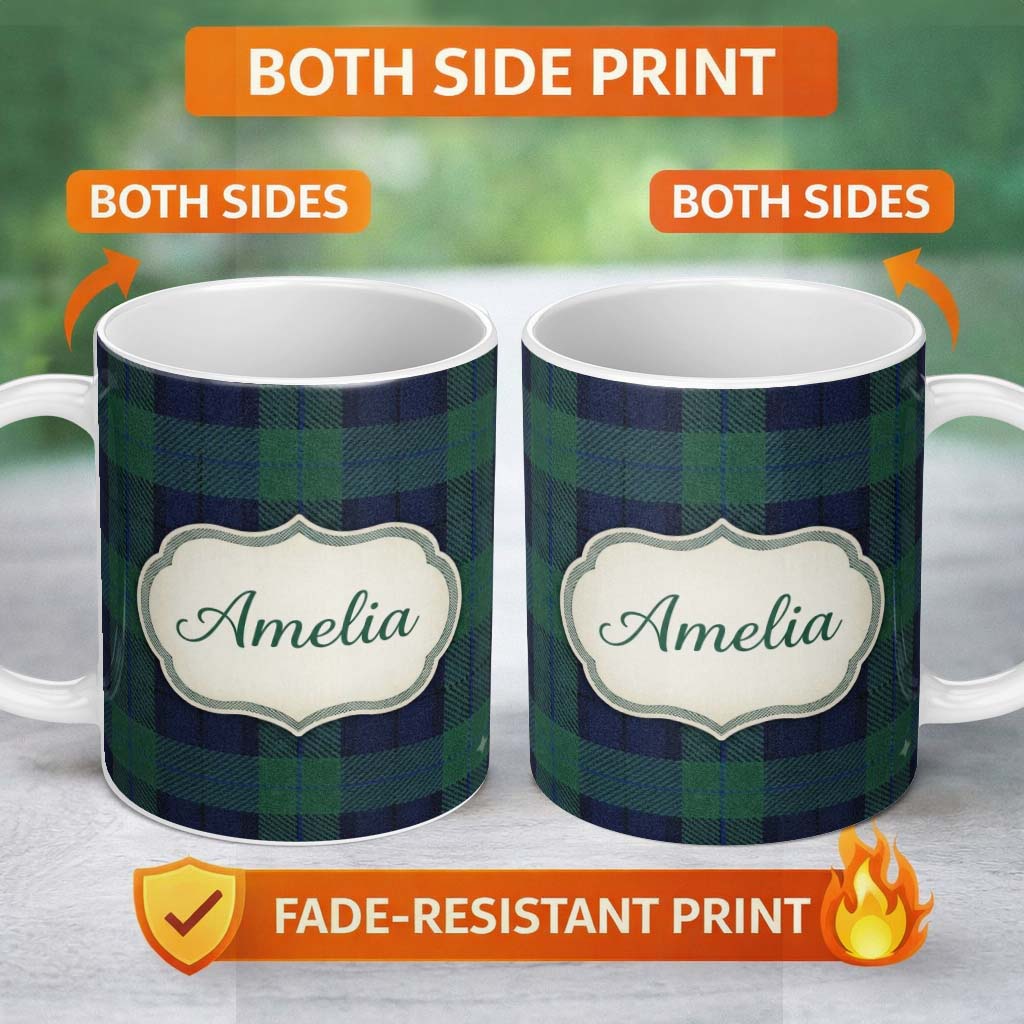 Personalized Custom Name Deep Green Navy Classic Tartan Plaid Texture Seamless Pattern Name 11oz Ceramic Coffee Tea Mug White Large Handle