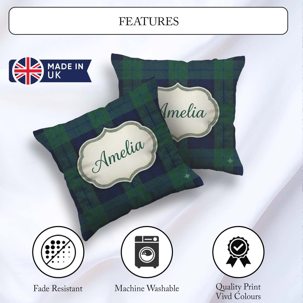 Custom Name Deep Green Navy Classic Tartan Plaid Texture Pattern Square Filled Cushion Throw Pillow Sofa Bed Home Decor Zip Washable UK Made