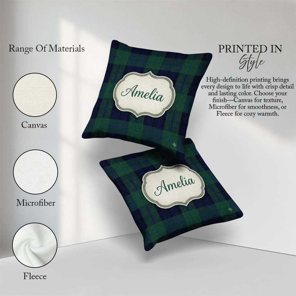 Custom Name Deep Green Navy Classic Tartan Plaid Texture Pattern Square Filled Cushion Throw Pillow Sofa Bed Home Decor Zip Washable UK Made