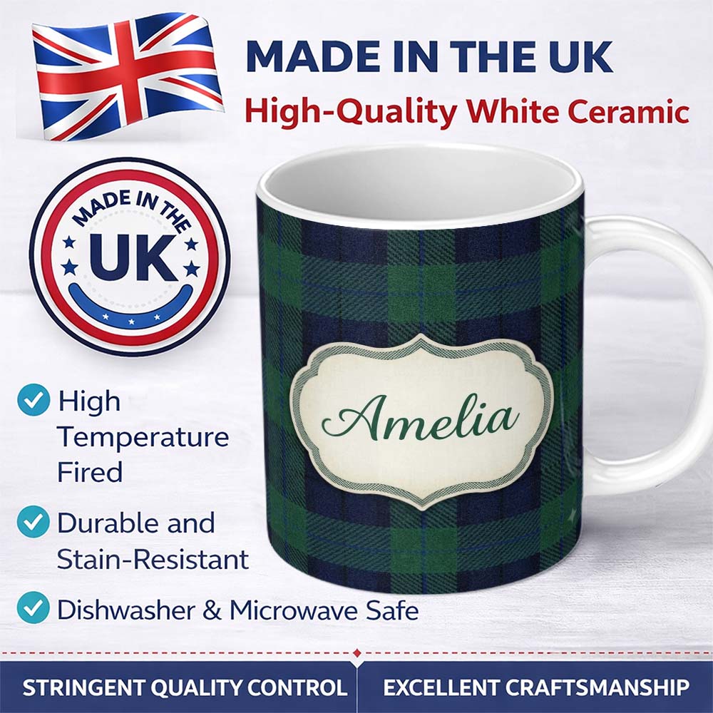 Personalized Custom Name Deep Green Navy Classic Tartan Plaid Texture Seamless Pattern Name 11oz Ceramic Coffee Tea Mug White Large Handle