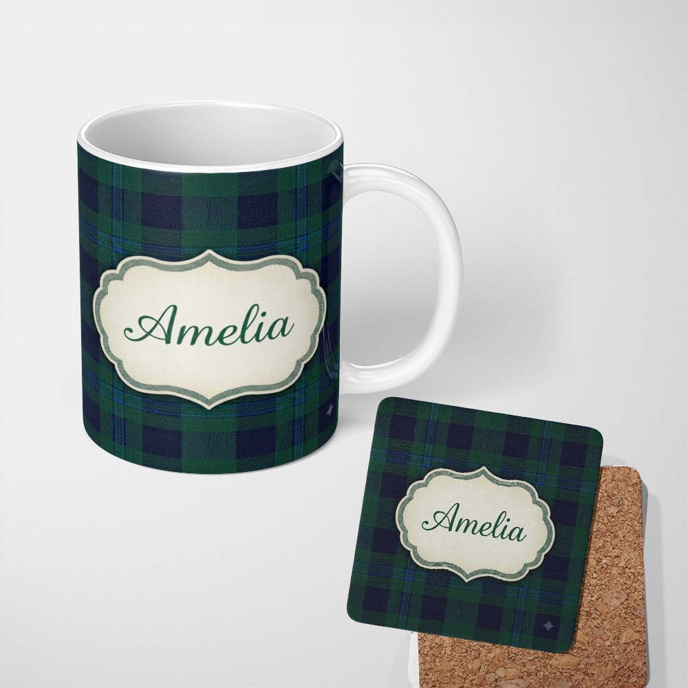 Personalized Custom Name Dark Green Blue Traditional Tartan Plaid Texture Seamless Pattern 11oz Ceramic Coffee Tea Mug White Large Handle