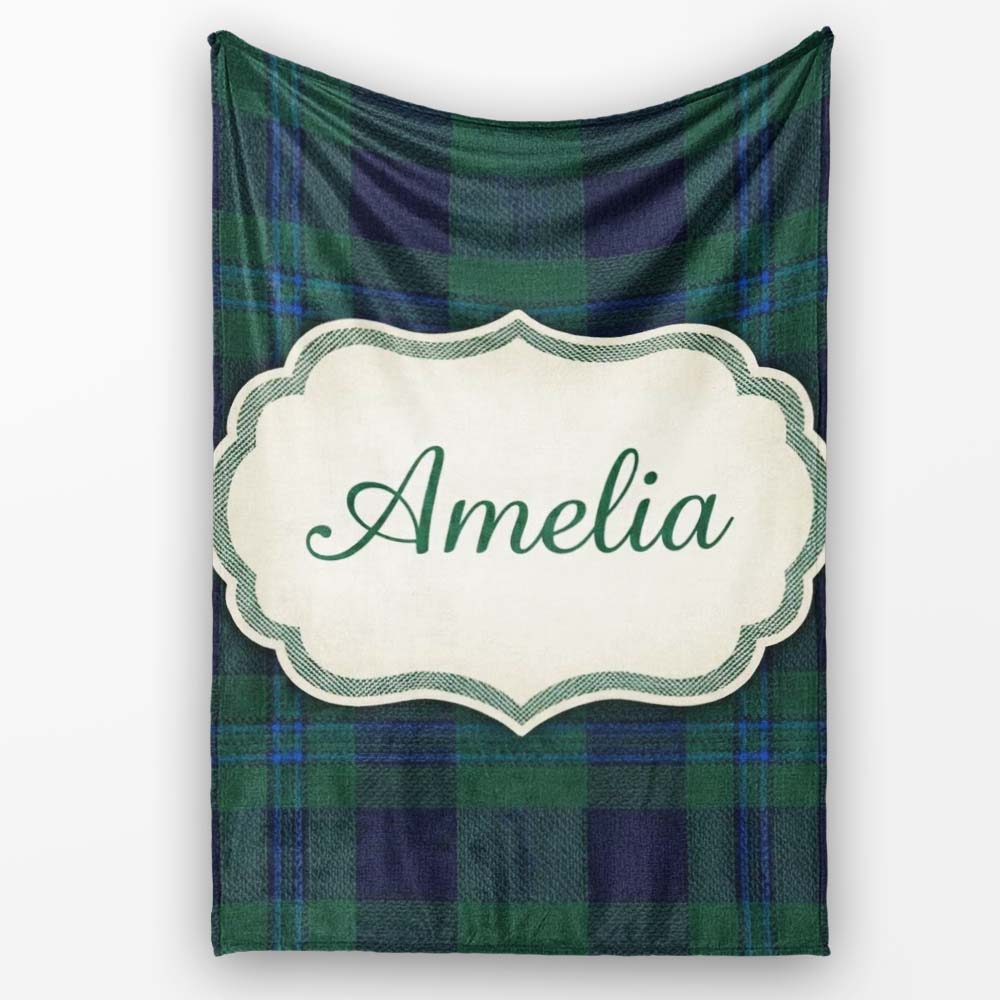 Dark Green Blue Traditional Tartan Plaid Texture Seamless Pattern Personalised Custom Name Super Soft Fleece Blanket Bed Sofa Throw