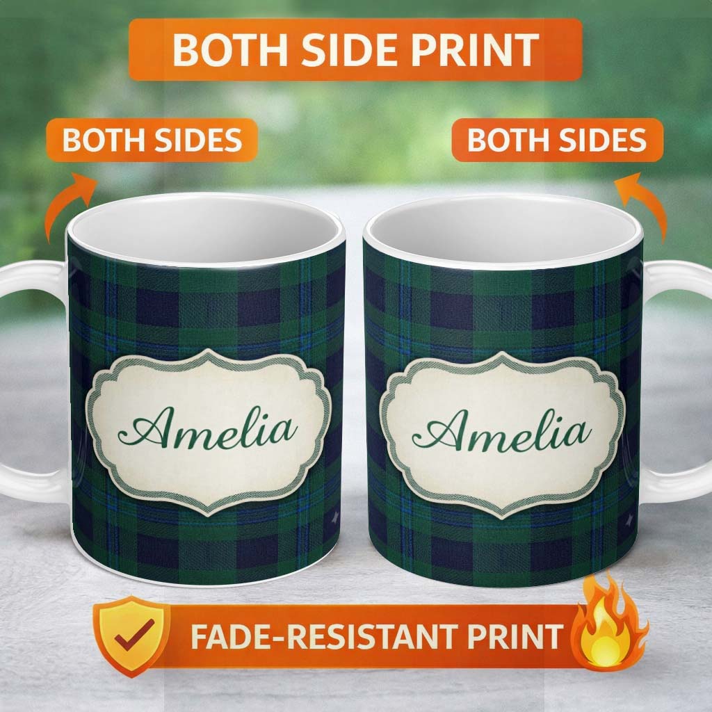 Personalized Custom Name Dark Green Blue Traditional Tartan Plaid Texture Seamless Pattern 11oz Ceramic Coffee Tea Mug White Large Handle