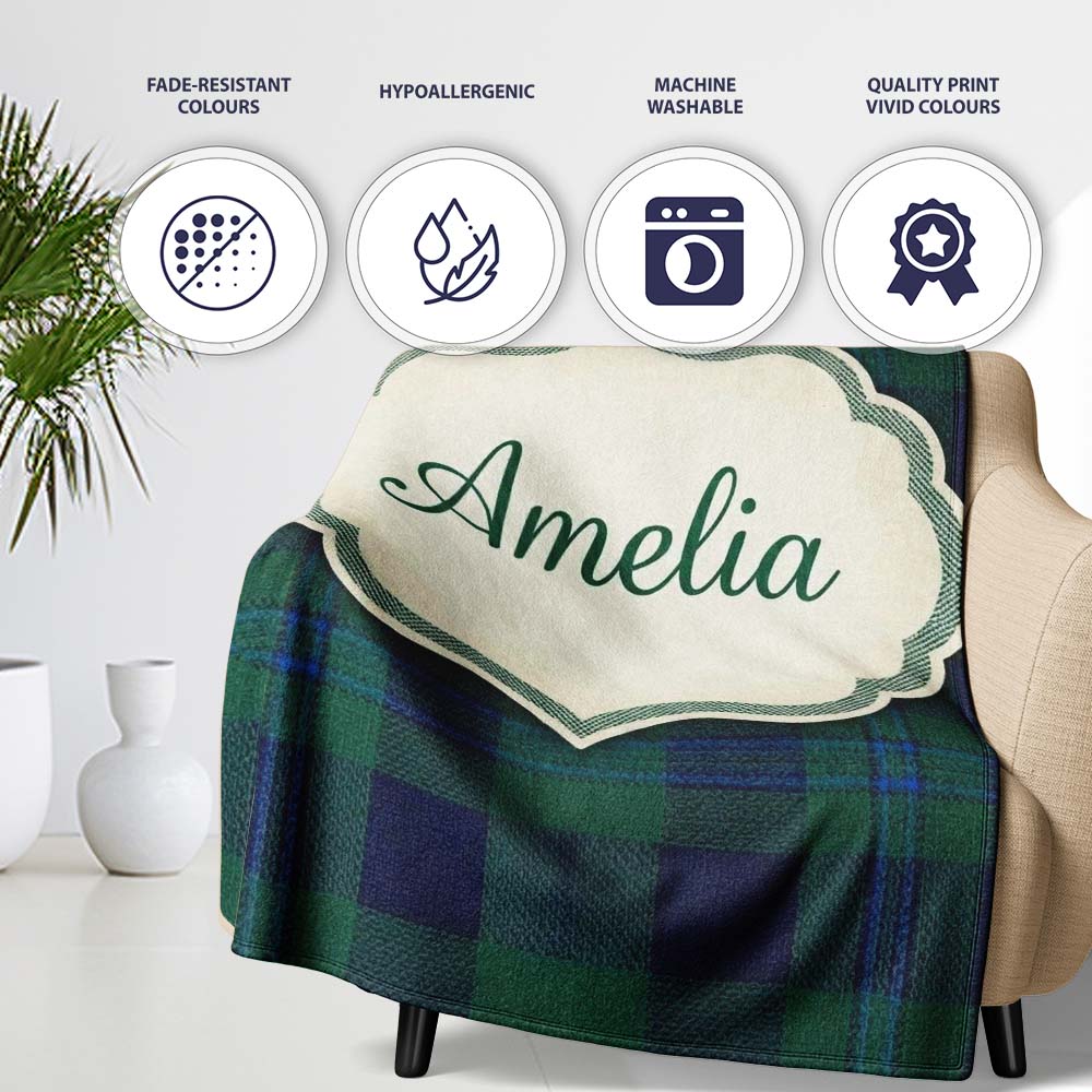 Dark Green Blue Traditional Tartan Plaid Texture Seamless Pattern Personalised Custom Name Super Soft Fleece Blanket Bed Sofa Throw