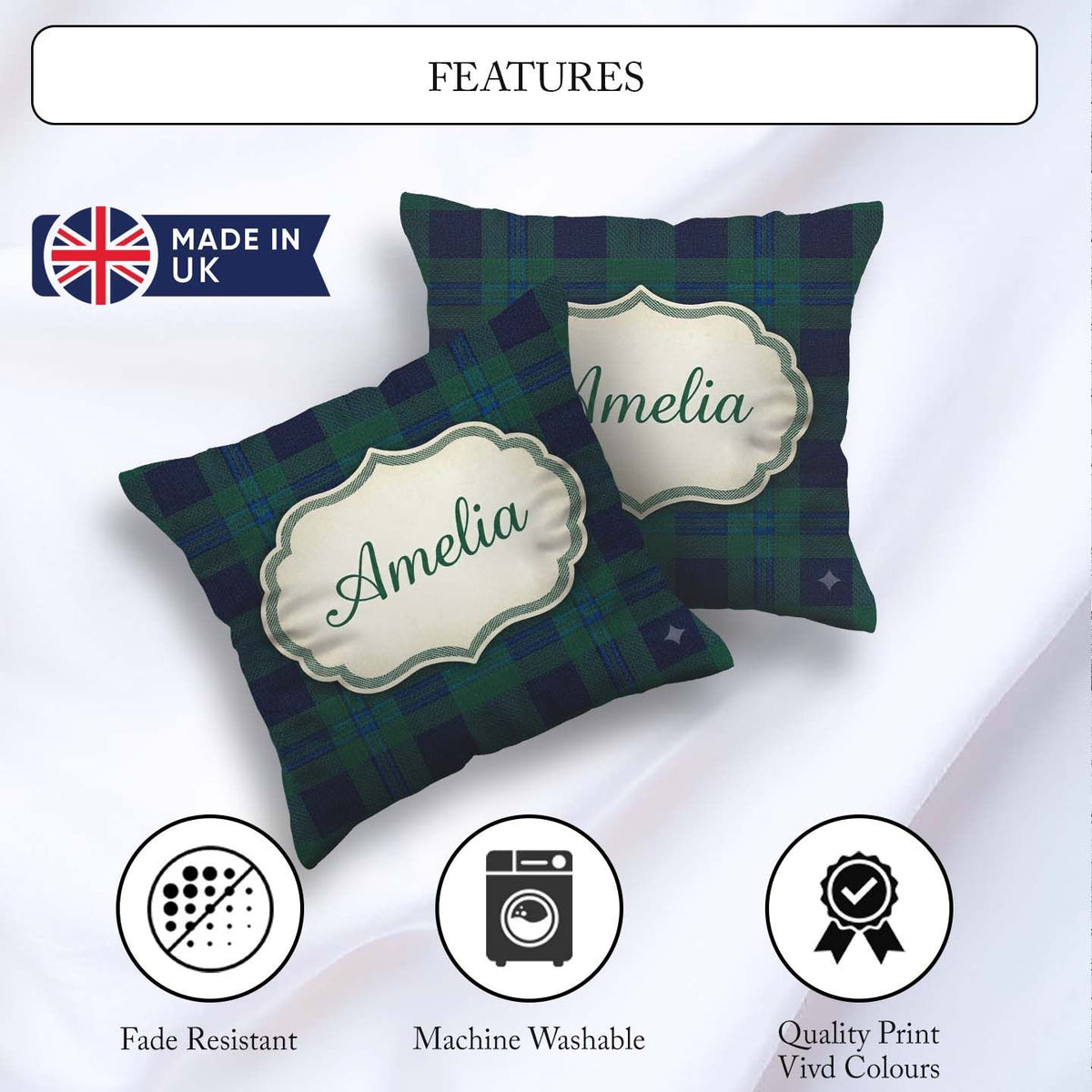 Custom Name Dark Green Traditional Tartan Plaid Texture Seamless Square Filled Cushion Throw Pillow Sofa Bed Home Decor Zip Washable UK Made