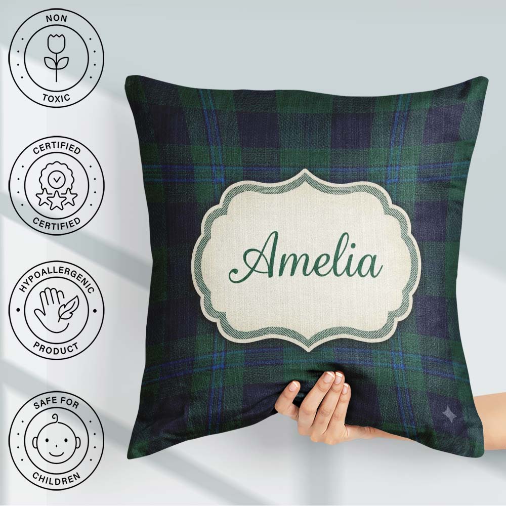 Custom Name Dark Green Traditional Tartan Plaid Texture Seamless Square Filled Cushion Throw Pillow Sofa Bed Home Decor Zip Washable UK Made