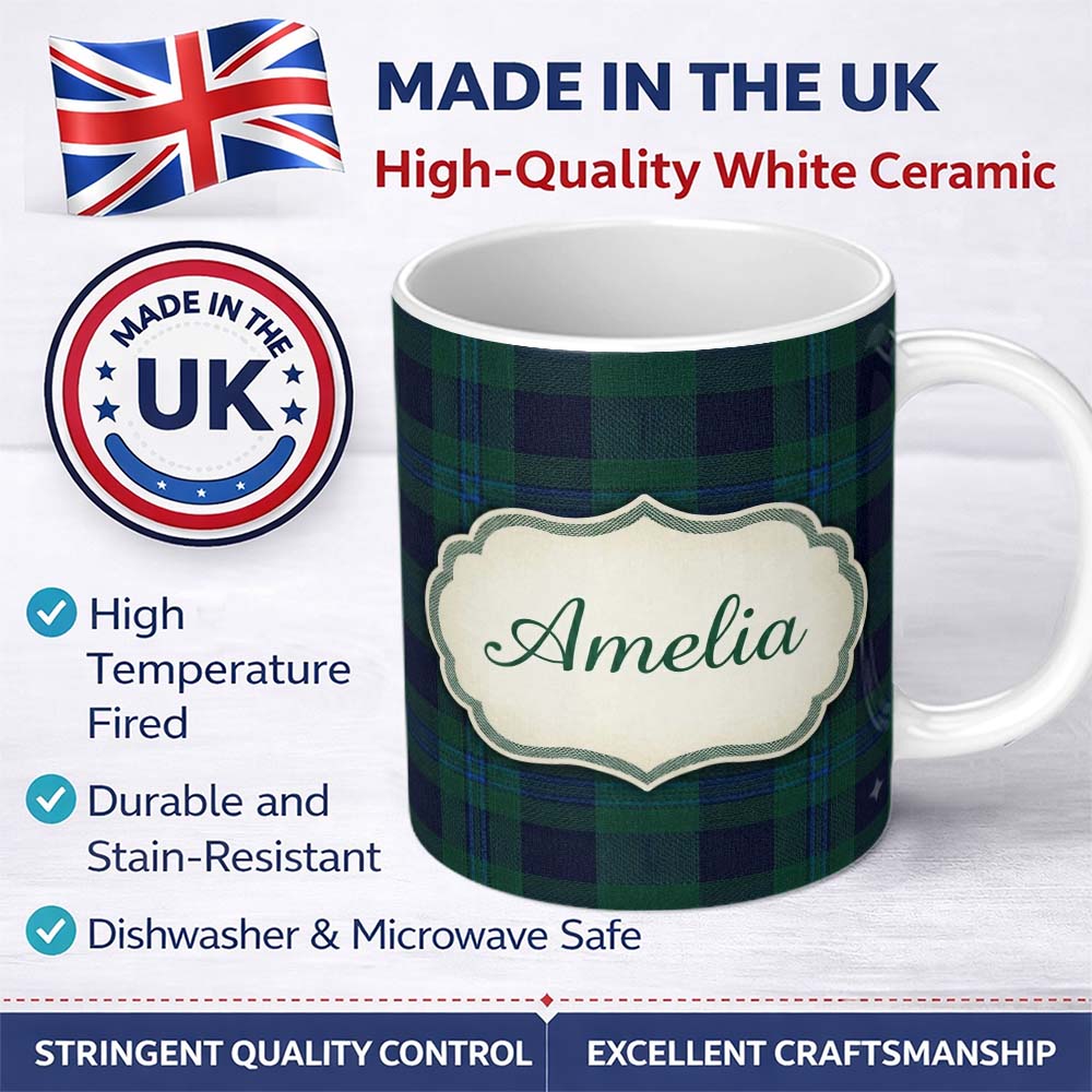 Personalized Custom Name Dark Green Blue Traditional Tartan Plaid Texture Seamless Pattern 11oz Ceramic Coffee Tea Mug White Large Handle