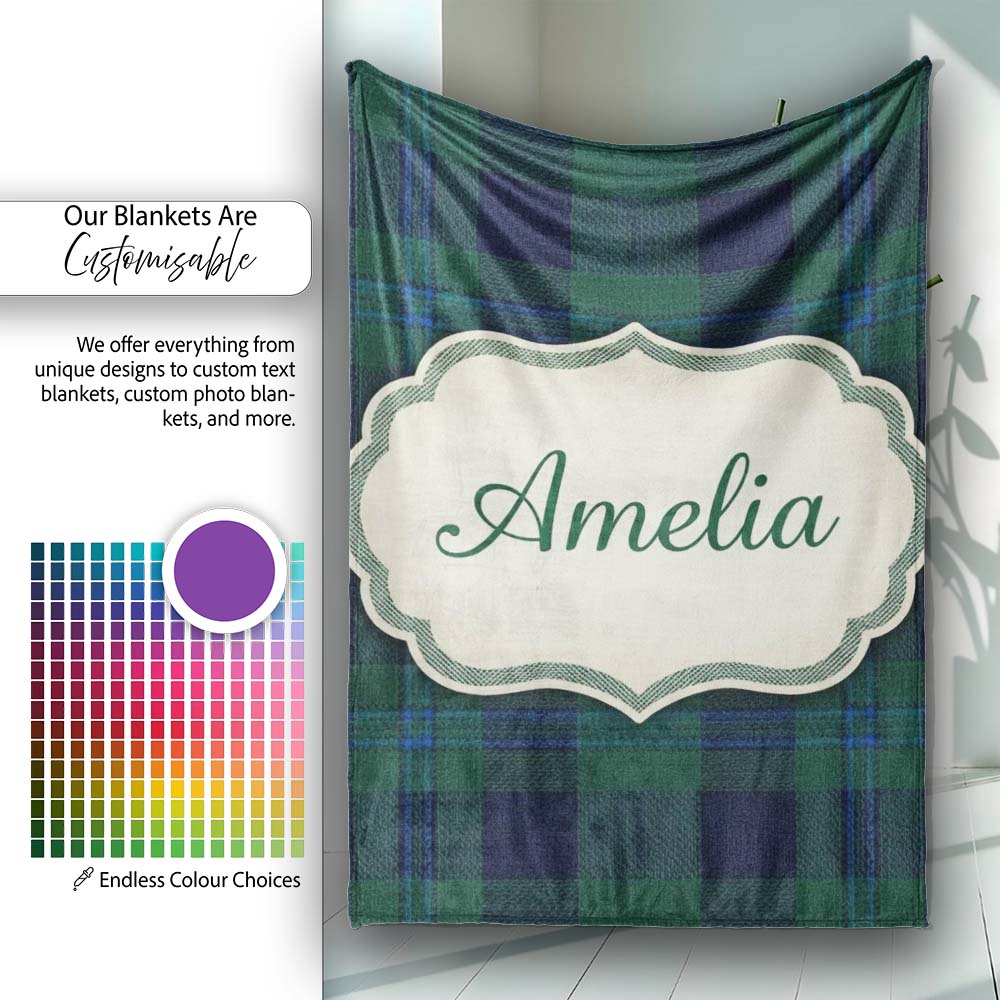 Dark Green Blue Traditional Tartan Plaid Texture Seamless Pattern Personalised Custom Name Super Soft Fleece Blanket Bed Sofa Throw