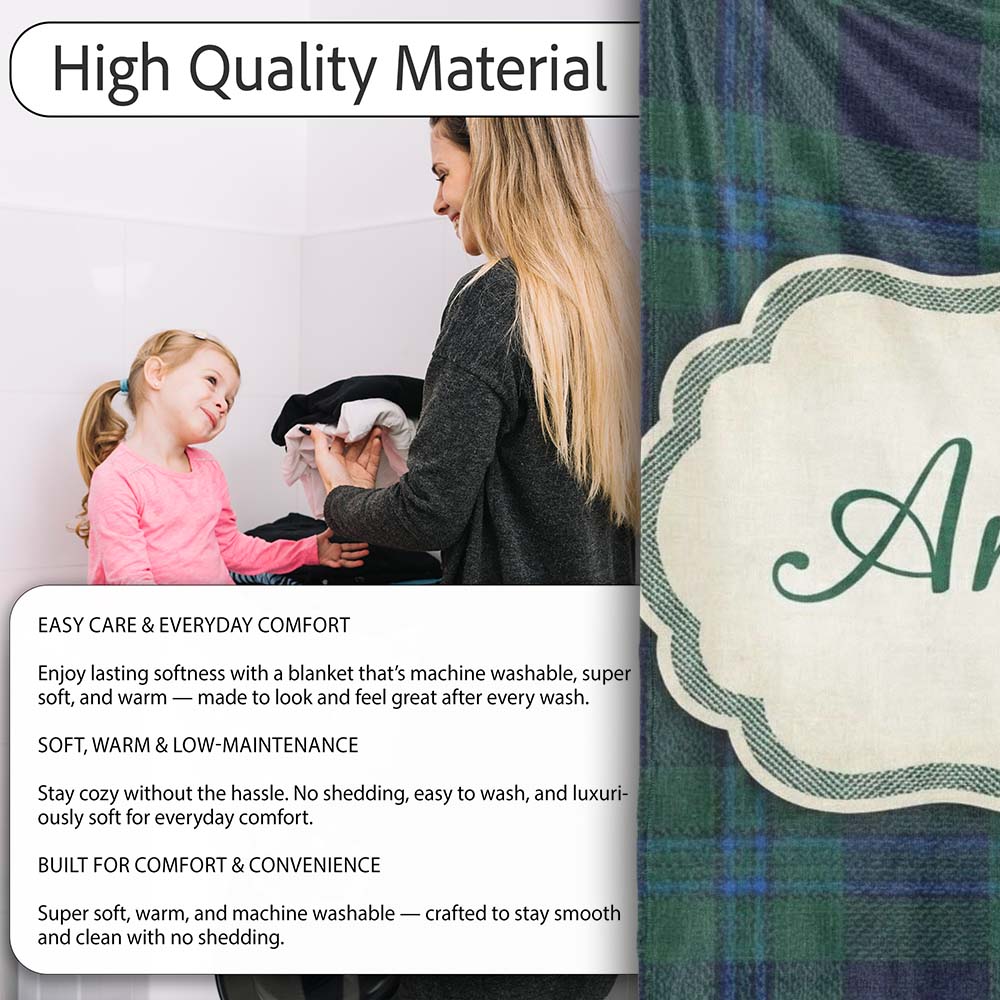 Dark Green Blue Traditional Tartan Plaid Texture Seamless Pattern Personalised Custom Name Super Soft Fleece Blanket Bed Sofa Throw