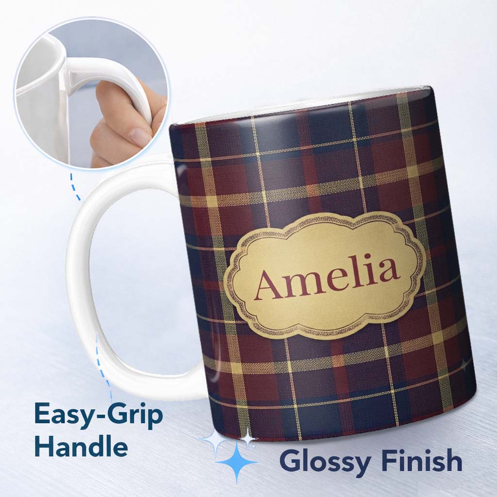 Personalized Custom Name Rich Red Navy Gold Classic Tartan Plaid Texture Seamless Pattern 11oz Ceramic Coffee Tea Mug White Large Handle