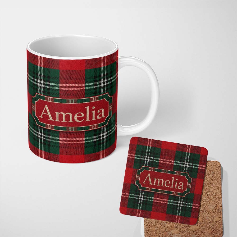 Personalized Custom Name Bright Red Green Scottish Tartan Plaid Texture Seamless Pattern 11oz Ceramic Coffee Tea Mug White Large Handle