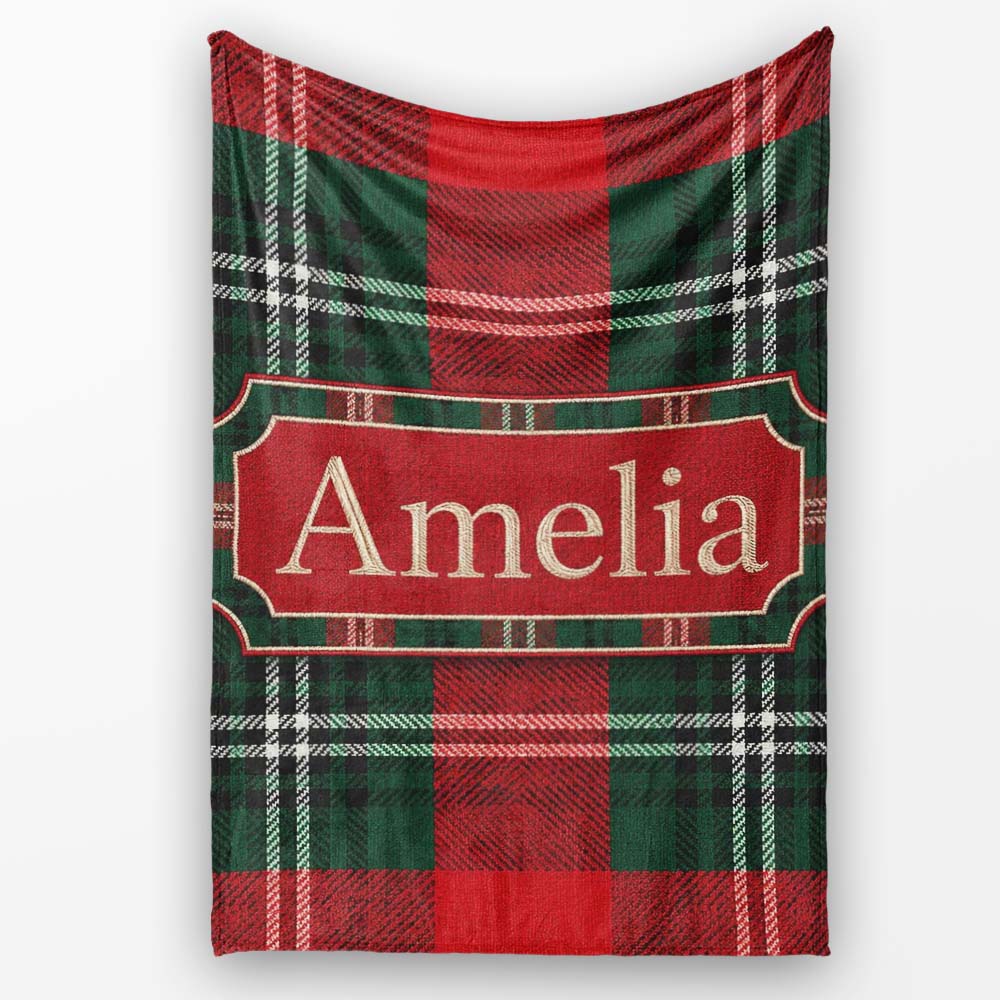 Bright Red Green Scottish Tartan Plaid Texture Seamless Pattern Personalised Custom Name Super Soft Fleece Blanket Bed Sofa Throw