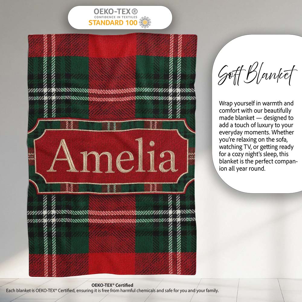 Bright Red Green Scottish Tartan Plaid Texture Seamless Pattern Personalised Custom Name Super Soft Fleece Blanket Bed Sofa Throw