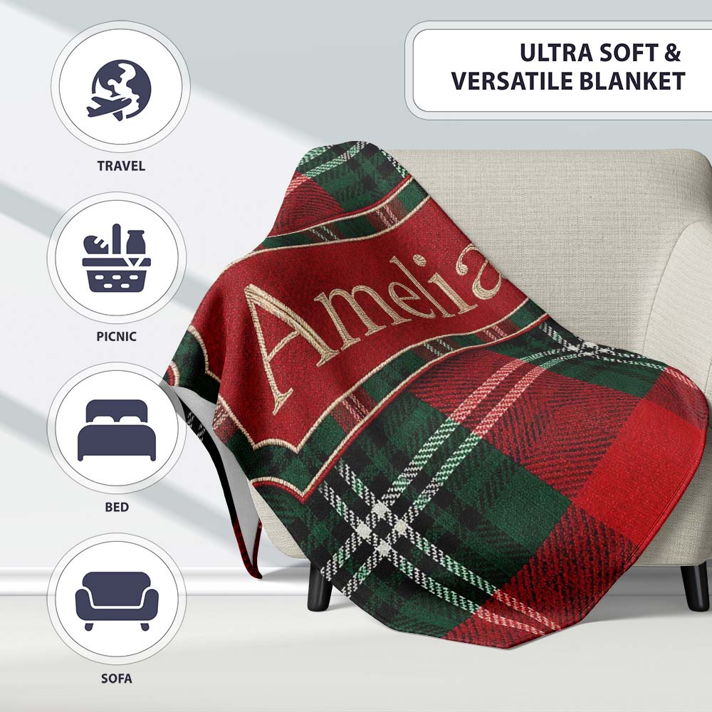 Bright Red Green Scottish Tartan Plaid Texture Seamless Pattern Personalised Custom Name Super Soft Fleece Blanket Bed Sofa Throw
