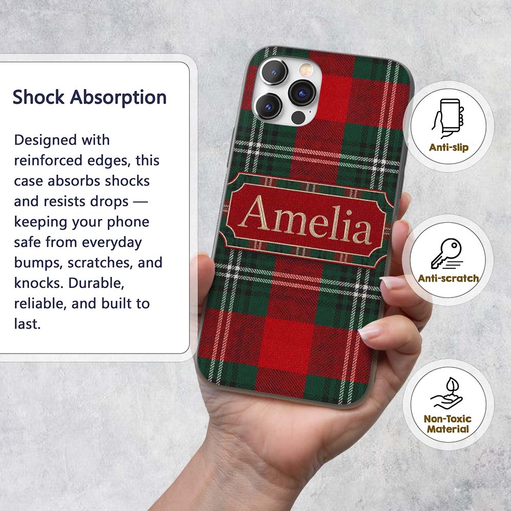 Bright Red Green Scottish Tartan Plaid Texture Custom Name Protective Phone Case Mobile Cover Durable Everyday Smartphone Shock Resistant