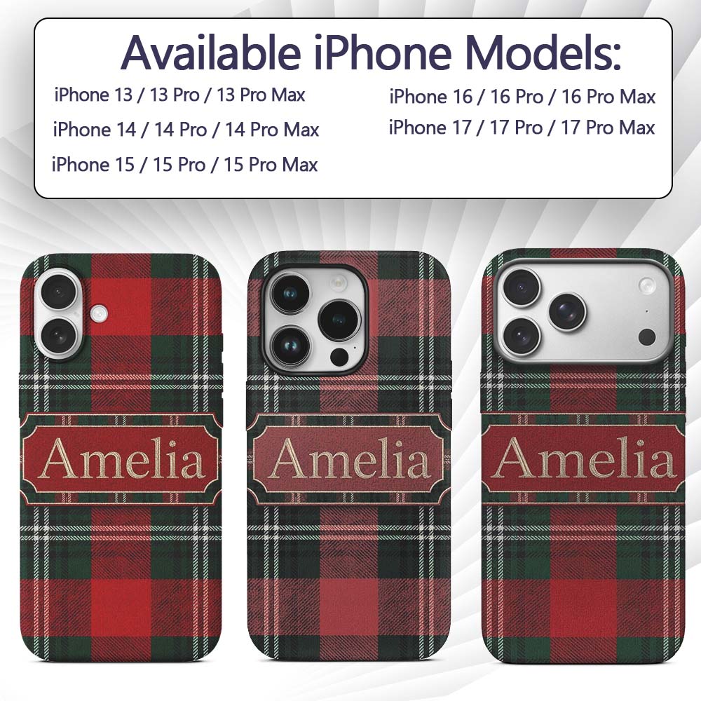 Bright Red Green Scottish Tartan Plaid Texture Custom Name Protective Phone Case Mobile Cover Durable Everyday Smartphone Shock Resistant