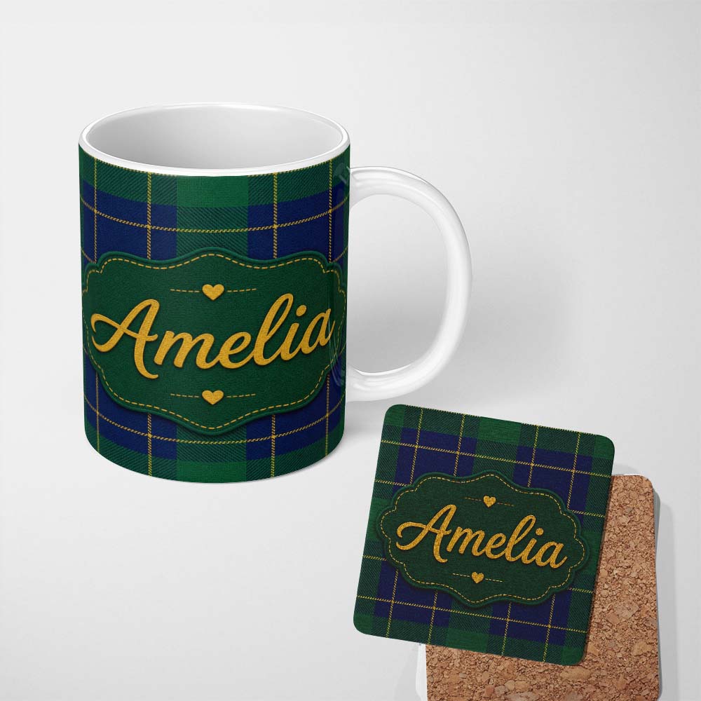 Personalized Custom Name Blue Green Gold Traditional Tartan Plaid Texture Seamless Pattern 11oz Ceramic Coffee Tea Mug White Large Handle