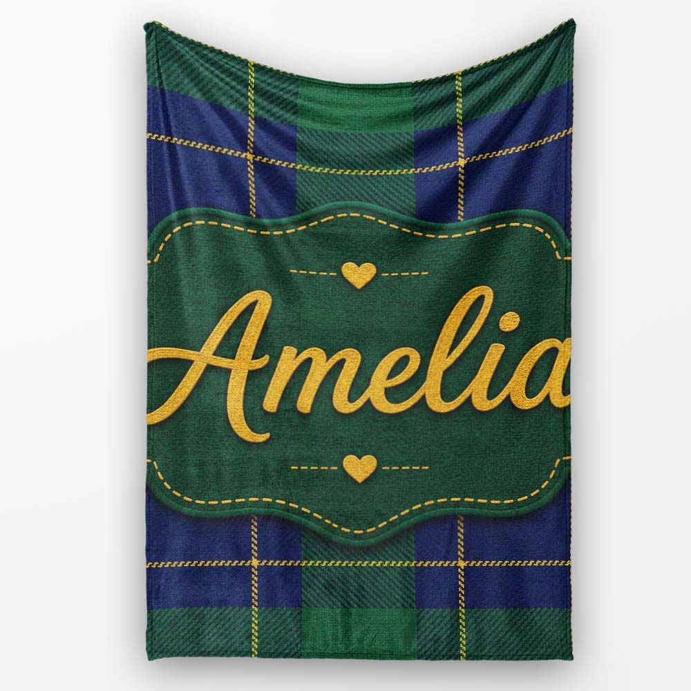 Blue Green Gold Traditional Tartan Plaid Texture Seamless Pattern Personalised Custom Name Super Soft Fleece Blanket Bed Sofa Throw