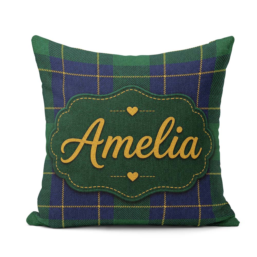 Custom Name Blue Green Traditional Tartan Plaid Texture Seamless Square Filled Cushion Throw Pillow Sofa Bed Home Decor Zip Washable UK Made