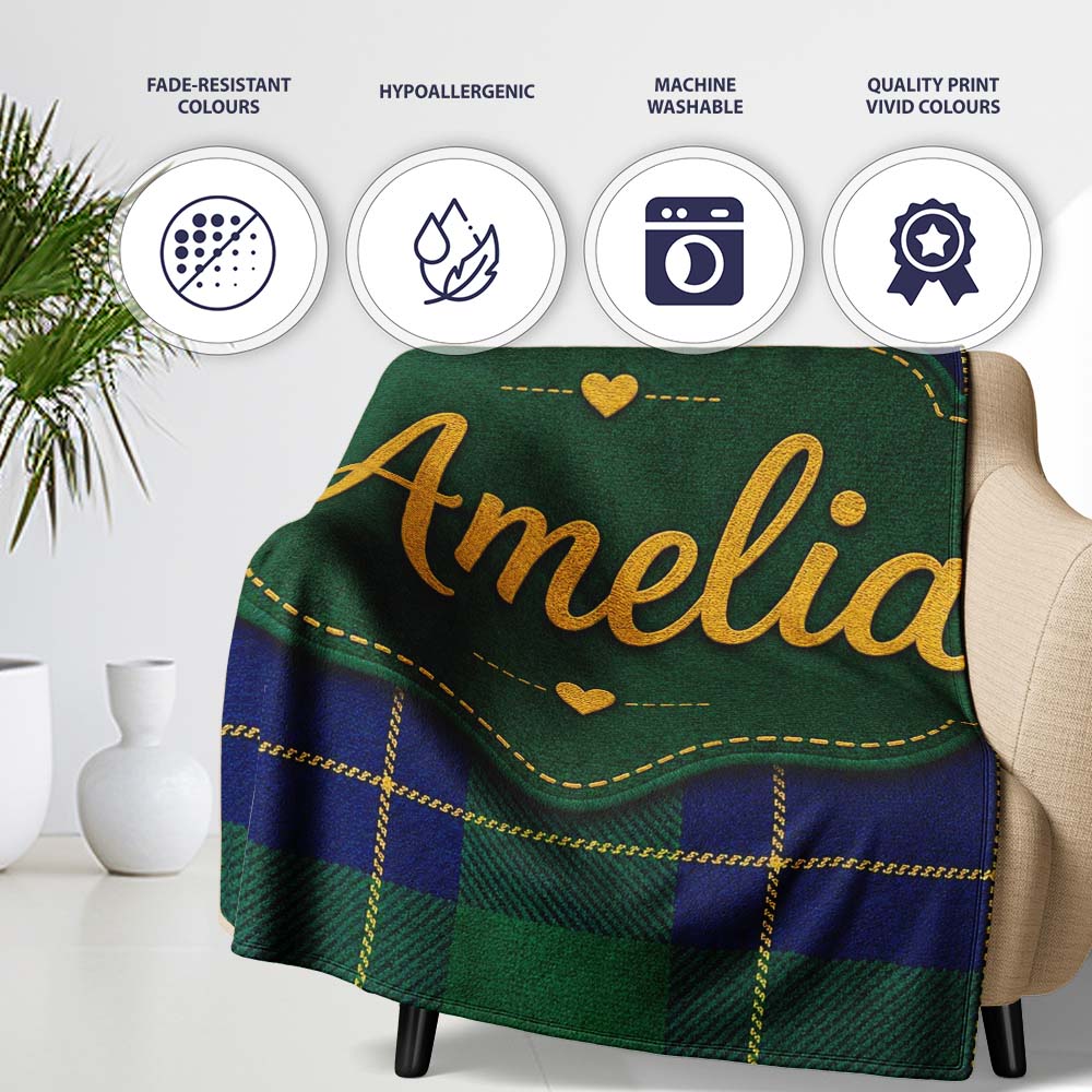Blue Green Gold Traditional Tartan Plaid Texture Seamless Pattern Personalised Custom Name Super Soft Fleece Blanket Bed Sofa Throw