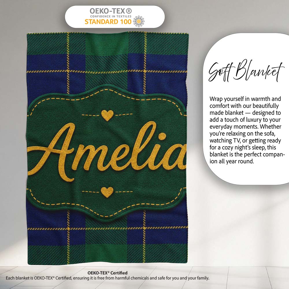 Blue Green Gold Traditional Tartan Plaid Texture Seamless Pattern Personalised Custom Name Super Soft Fleece Blanket Bed Sofa Throw