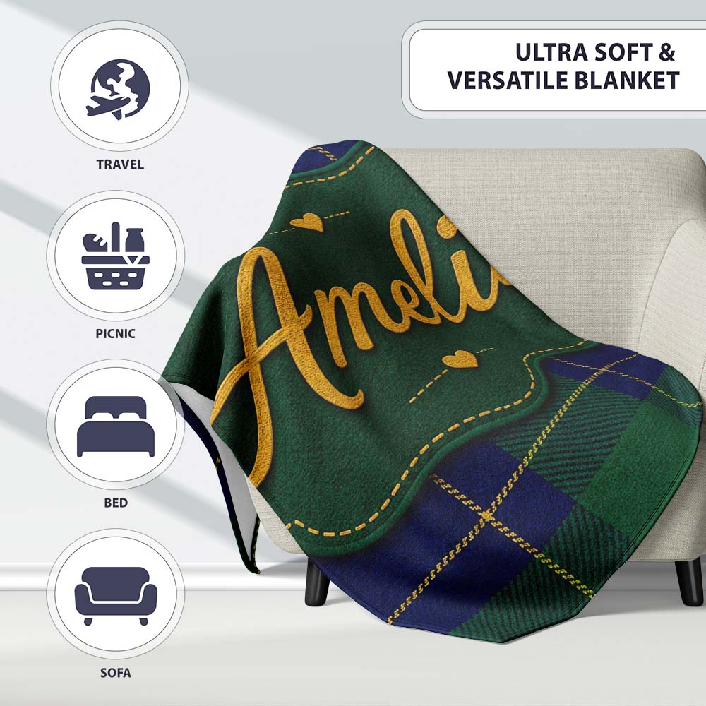 Blue Green Gold Traditional Tartan Plaid Texture Seamless Pattern Personalised Custom Name Super Soft Fleece Blanket Bed Sofa Throw