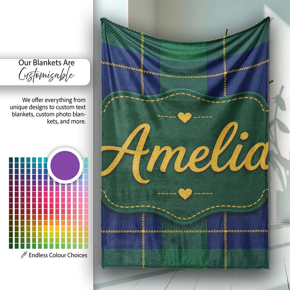 Blue Green Gold Traditional Tartan Plaid Texture Seamless Pattern Personalised Custom Name Super Soft Fleece Blanket Bed Sofa Throw