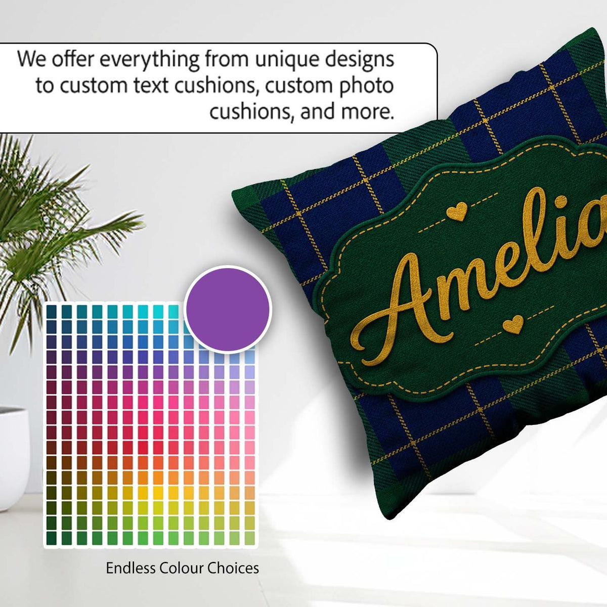 Custom Name Blue Green Traditional Tartan Plaid Texture Seamless Square Filled Cushion Throw Pillow Sofa Bed Home Decor Zip Washable UK Made