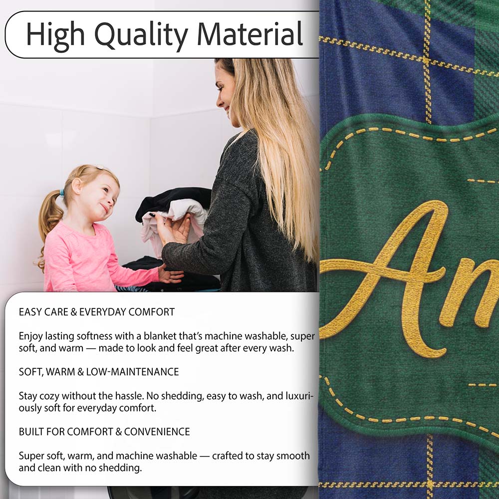 Blue Green Gold Traditional Tartan Plaid Texture Seamless Pattern Personalised Custom Name Super Soft Fleece Blanket Bed Sofa Throw