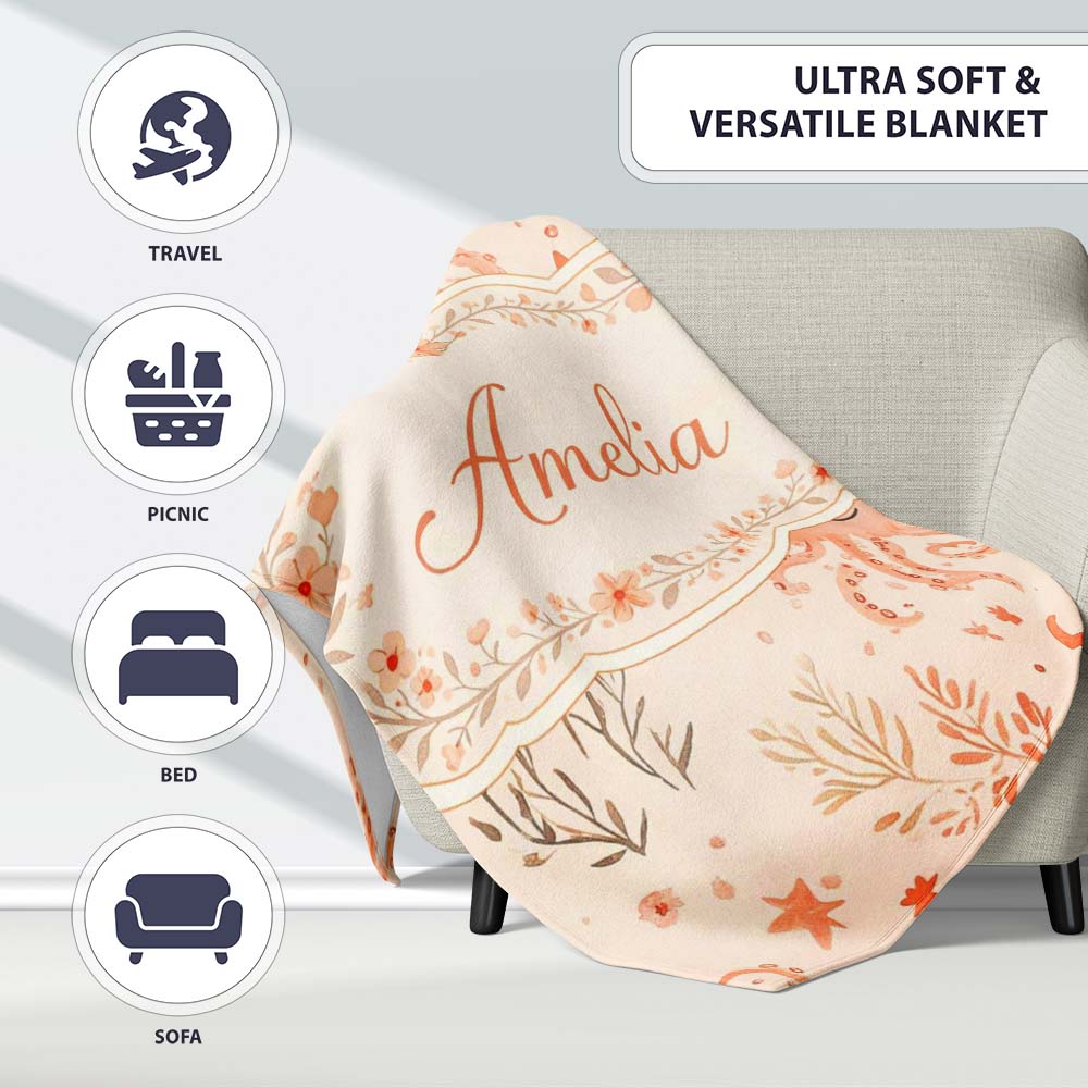 Kawaii Octopus Ocean Seamless Pattern Perfect Gift for Her Lovely Personalised Custom Name Super Soft Fleece Blanket Bed Sofa Throw