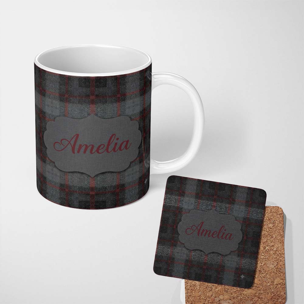 Personalized Custom Name Charcoal Grey Red Rustic Tartan Plaid Texture Seamless Pattern Name 11oz Ceramic Coffee Tea Mug White Large Handle