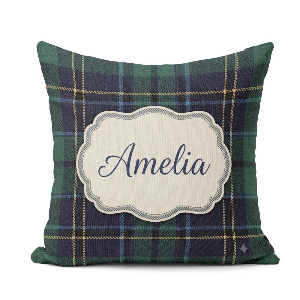 Custom Name Deep Green Navy Gold Classic Tartan Texture Seamless Square Filled Cushion Throw Pillow Sofa Bed Home Decor Zip Washable UK Made