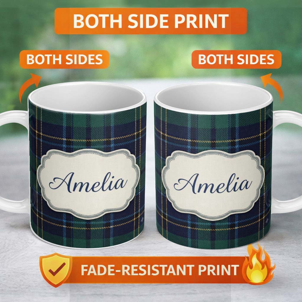 Personalized Custom Name Deep Green Navy Gold Classic Tartan Plaid Texture Seamless Pattern 11oz Ceramic Coffee Tea Mug White Large Handle