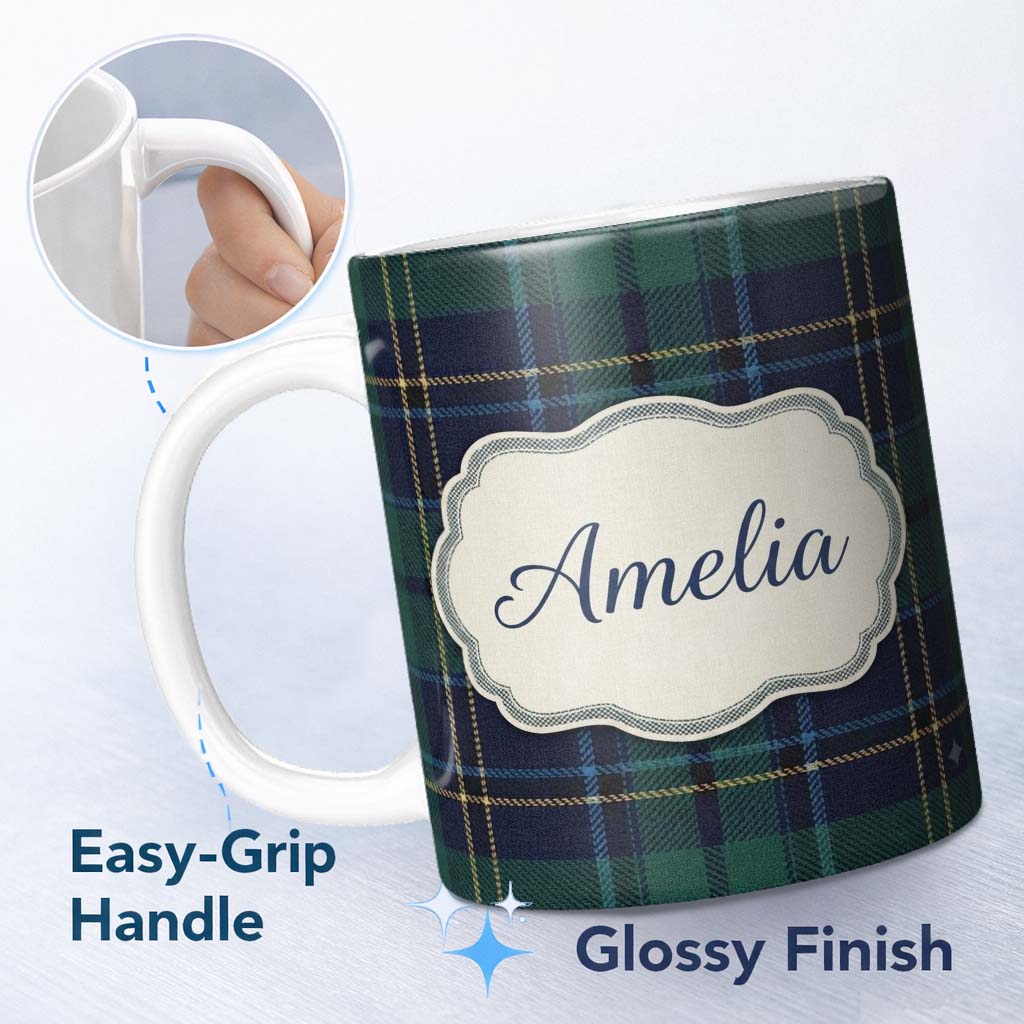Personalized Custom Name Deep Green Navy Gold Classic Tartan Plaid Texture Seamless Pattern 11oz Ceramic Coffee Tea Mug White Large Handle