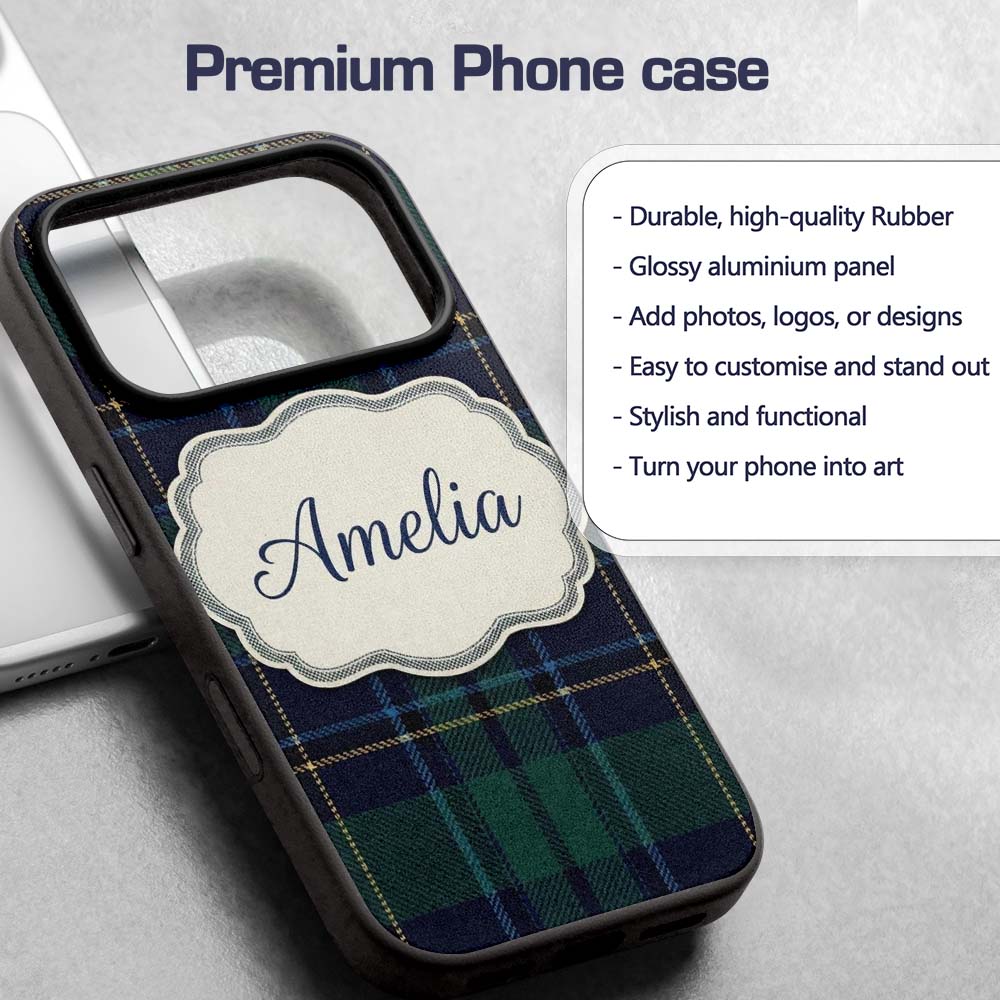 Deep Green Navy Gold Classic Tartan Plaid Texture Custom Name Protective Phone Case Mobile Cover Durable Everyday Smartphone Shock Resistant