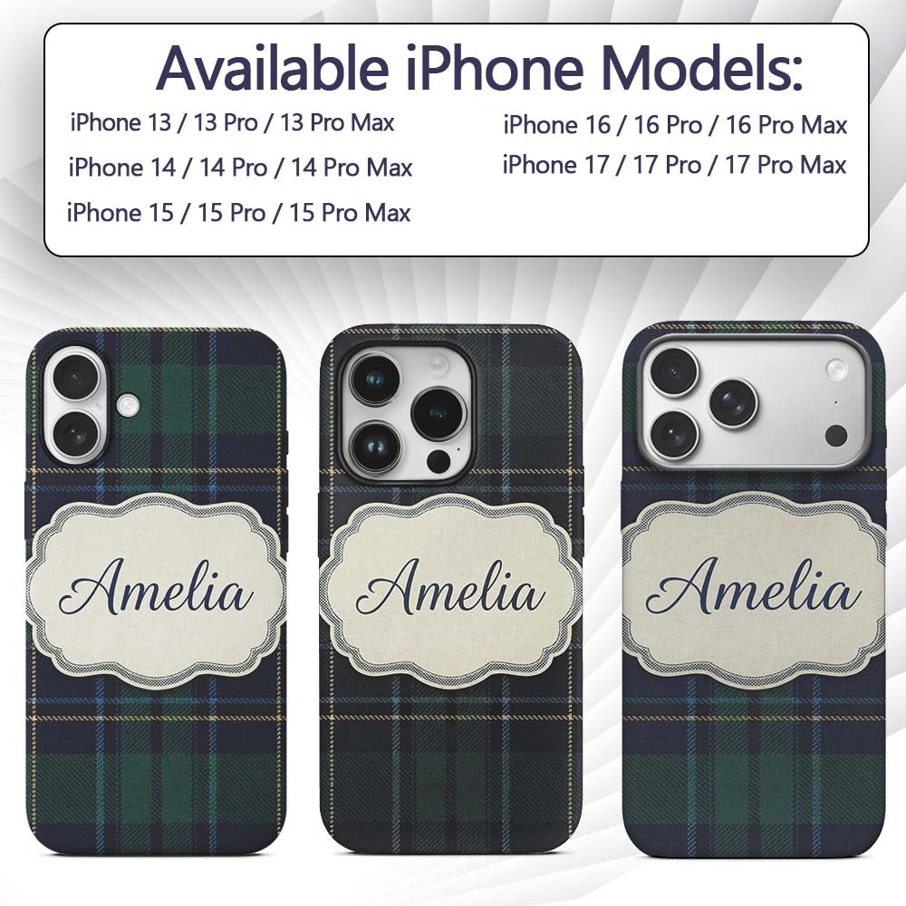 Deep Green Navy Gold Classic Tartan Plaid Texture Custom Name Protective Phone Case Mobile Cover Durable Everyday Smartphone Shock Resistant