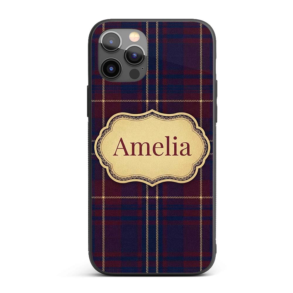 Burgundy Navy Gold Heritage Tartan Plaid Texture Custom Name Protective Phone Case Mobile Cover Durable Everyday Smartphone Shock Resistant