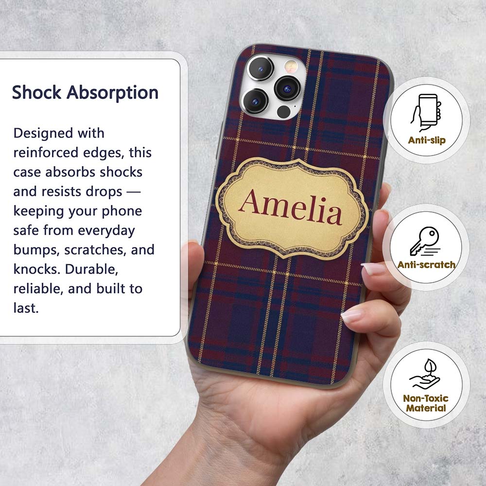 Burgundy Navy Gold Heritage Tartan Plaid Texture Custom Name Protective Phone Case Mobile Cover Durable Everyday Smartphone Shock Resistant