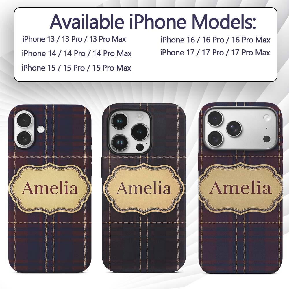 Burgundy Navy Gold Heritage Tartan Plaid Texture Custom Name Protective Phone Case Mobile Cover Durable Everyday Smartphone Shock Resistant