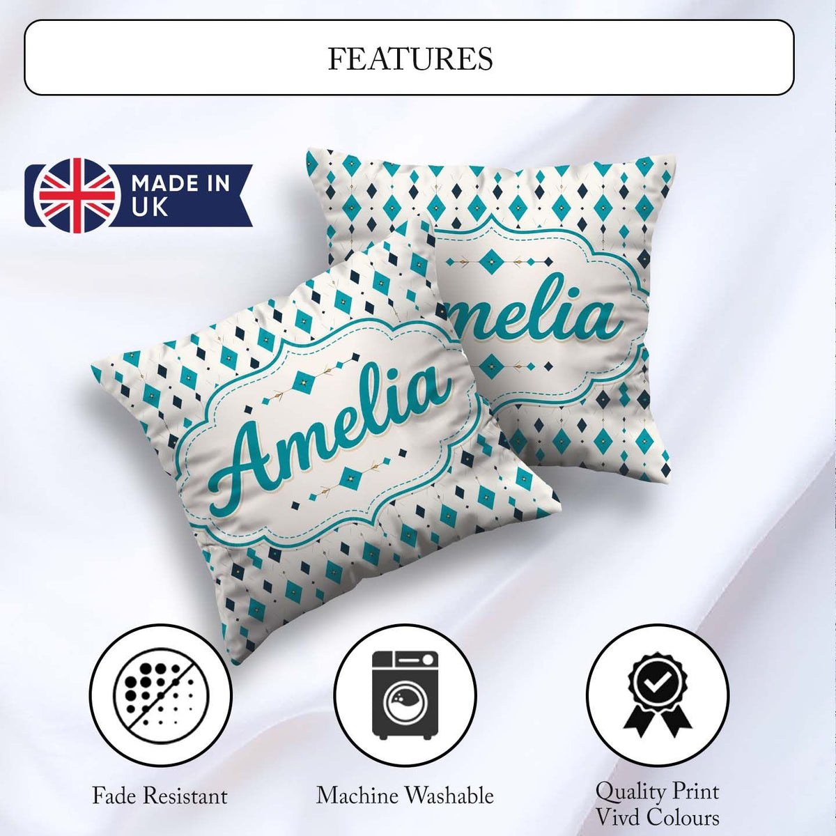 Custom Name Minimal Teal Black Diamond Geometric Seamless Lovely Square Filled Cushion Throw Pillow Sofa Bed Home Decor Zip Washable UK Made