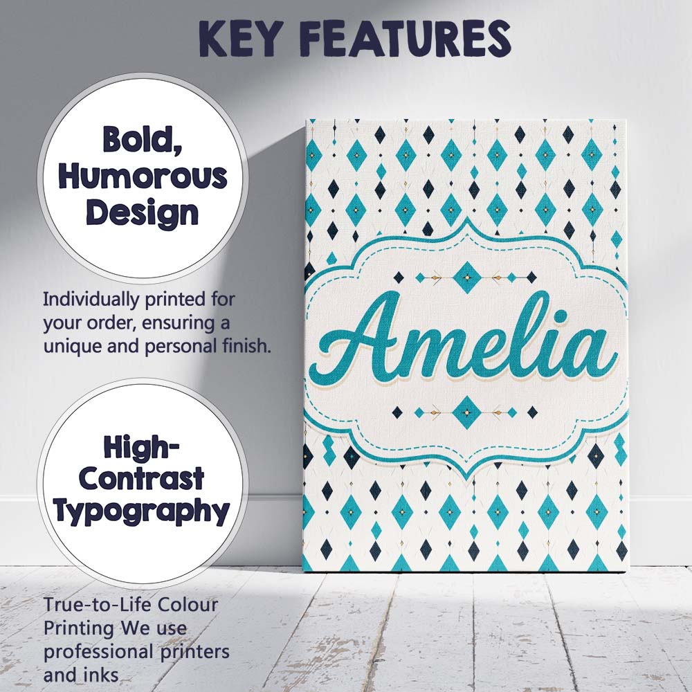 Personalised Name Minimal Teal Black Custom Premium Decorative Design Modern Room Accent Canvas Wall Art Print Decor Picture Ready to Hang
