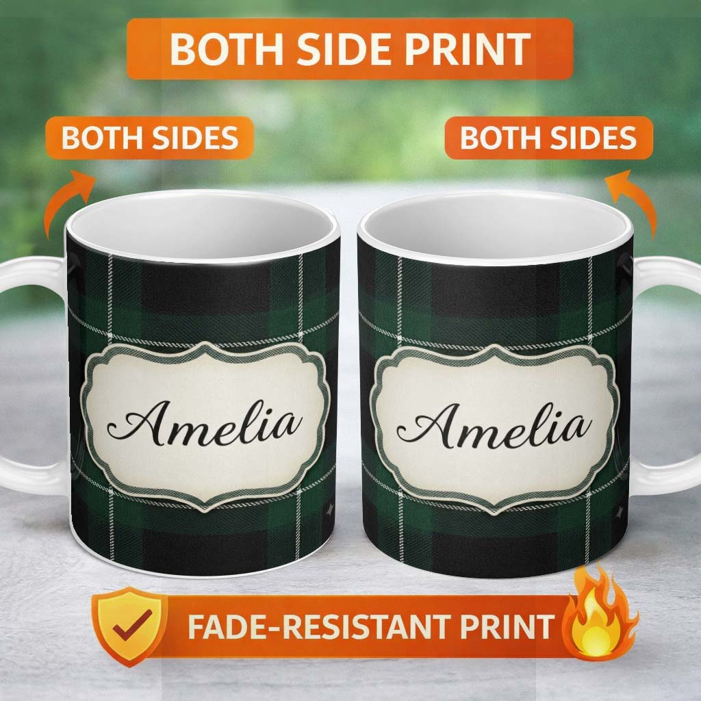 Personalized Custom Name Dark Green Black Classic Tartan Plaid Seamless Pattern Name Cute 11oz Ceramic Coffee Tea Mug White Large Handle