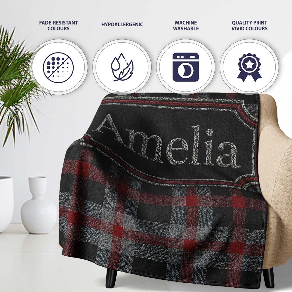 Red Grey Black Rustic Tartan Plaid Seamless Pattern Name Cute Personalised Custom Name Super Soft Fleece Blanket Bed Sofa Throw