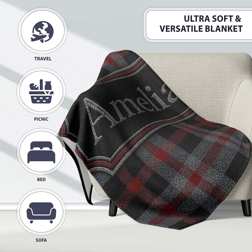Red Grey Black Rustic Tartan Plaid Seamless Pattern Name Cute Personalised Custom Name Super Soft Fleece Blanket Bed Sofa Throw