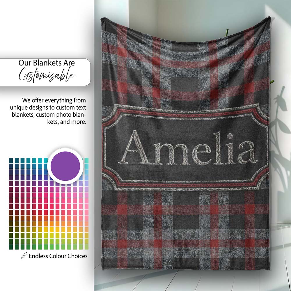 Red Grey Black Rustic Tartan Plaid Seamless Pattern Name Cute Personalised Custom Name Super Soft Fleece Blanket Bed Sofa Throw
