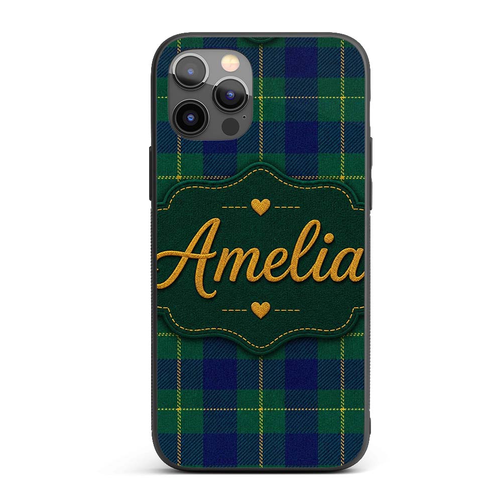 Blue Green Gold Traditional Tartan Plaid Seamless Custom Name Protective Phone Case Mobile Cover Durable Everyday Smartphone Shock Resistant